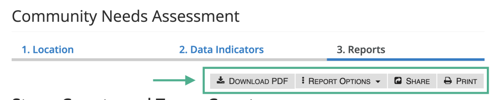 This image shows step four of the Community Needs Assessment. Click the share button to share your report. Click the download PDF button to download your report as a PDF. 