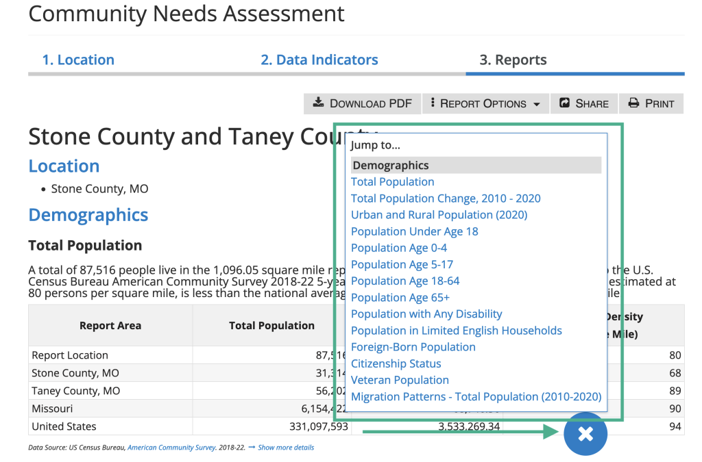 This image shows step three of the Community Needs Assessment. Use the menu button at the bottom of the page to jump quickly between indicators. 