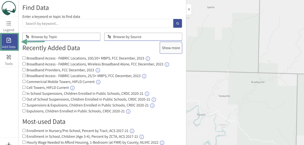 Step 1 of the map room. The picture shows a screenshot of the add data function. Users can click the Add Data button in the left menu to open the search data menu. 