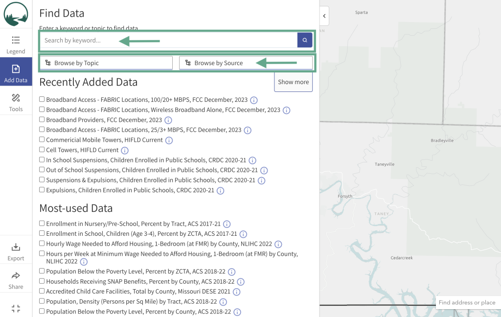 Step 1.1 of the map room. The picture shows a screenshot of the search data window. Users can use keywords to search for map layers or use the "Browse by Topic" and "Browse by Source" buttons to search by topic and source. 