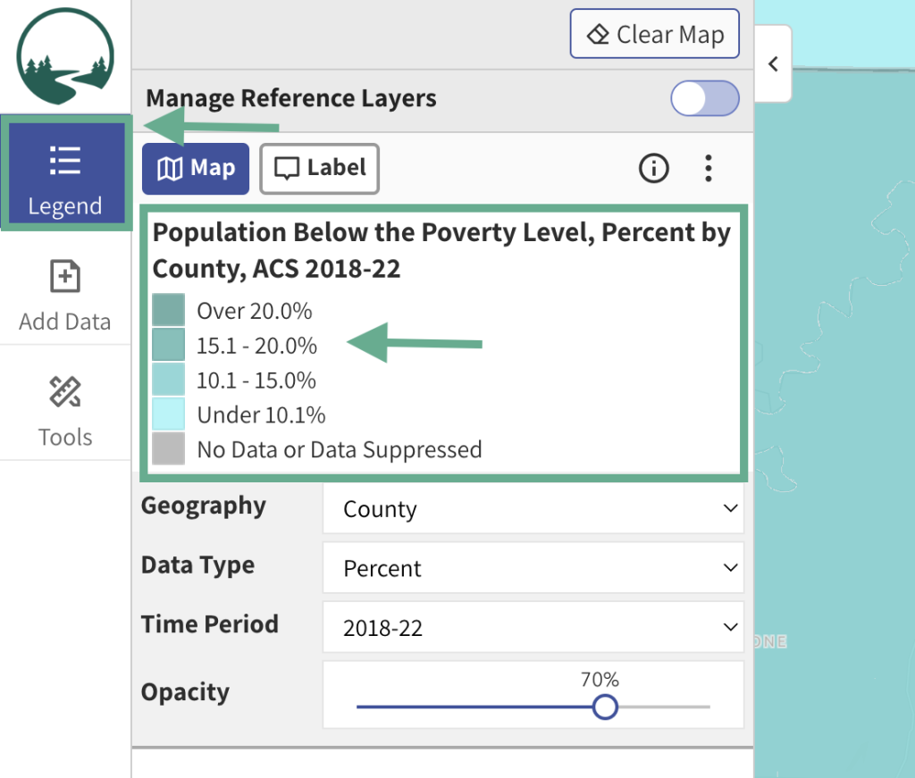 Step 4 of the map room. The picture shows a screenshot of the map legend open in the left menu of the map room. The legend can be opened by clicking the "Legend" button in the left menu. Users can review the legend to get familiar with what the colors, points, and lines represent on the map. 