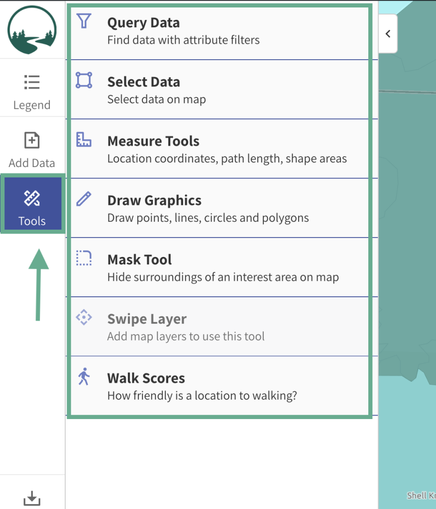 Step 5.1 of the map room. The picture shows a screenshot of the Tools menu. Users can activate the tools menu by clicking the "Tools" button in the left menu. Users can click on any of the available tools to use it or learn more. 