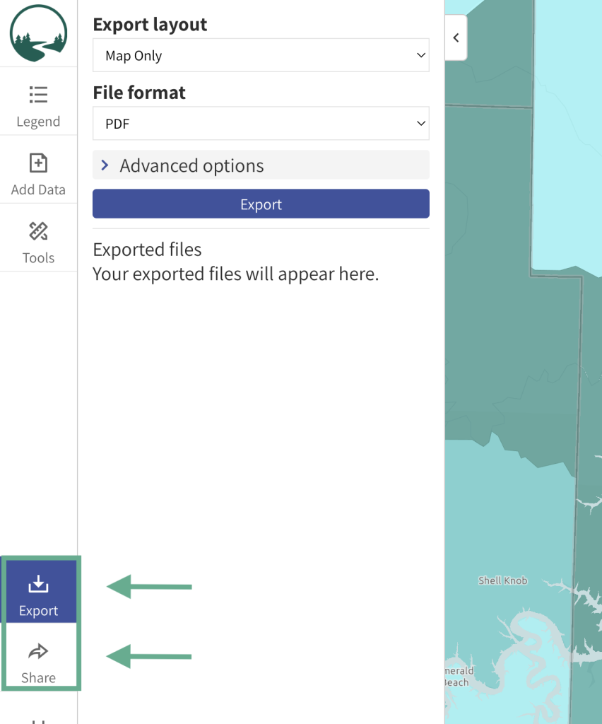 Step 6 of the map room. The picture shows a screenshot of the Export menu. Users can export and share maps by clicking the "Export" and "Share" buttons at the bottom of the left menu. Users can export maps in a variety of sizes and formats. Users can share maps via a shortlink or on social media using the "Share" button. 